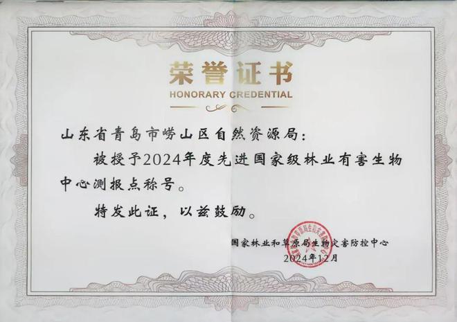 崂山区自然资源局获评2024年度先进国家级林业有害生物中心测报点