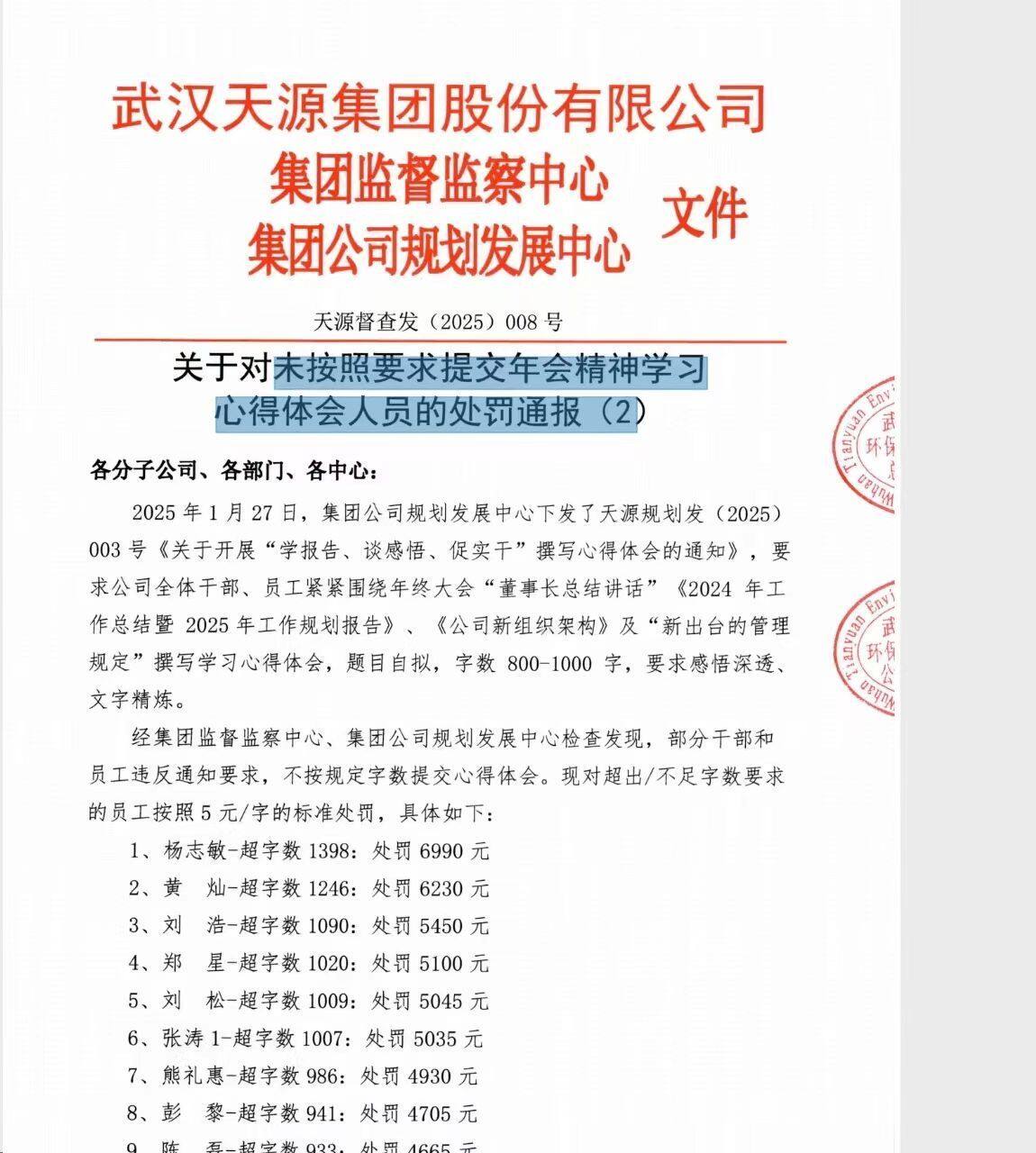 381名员工写“董事长讲话心得”超字数被罚最高被罚近7000元?公司回应